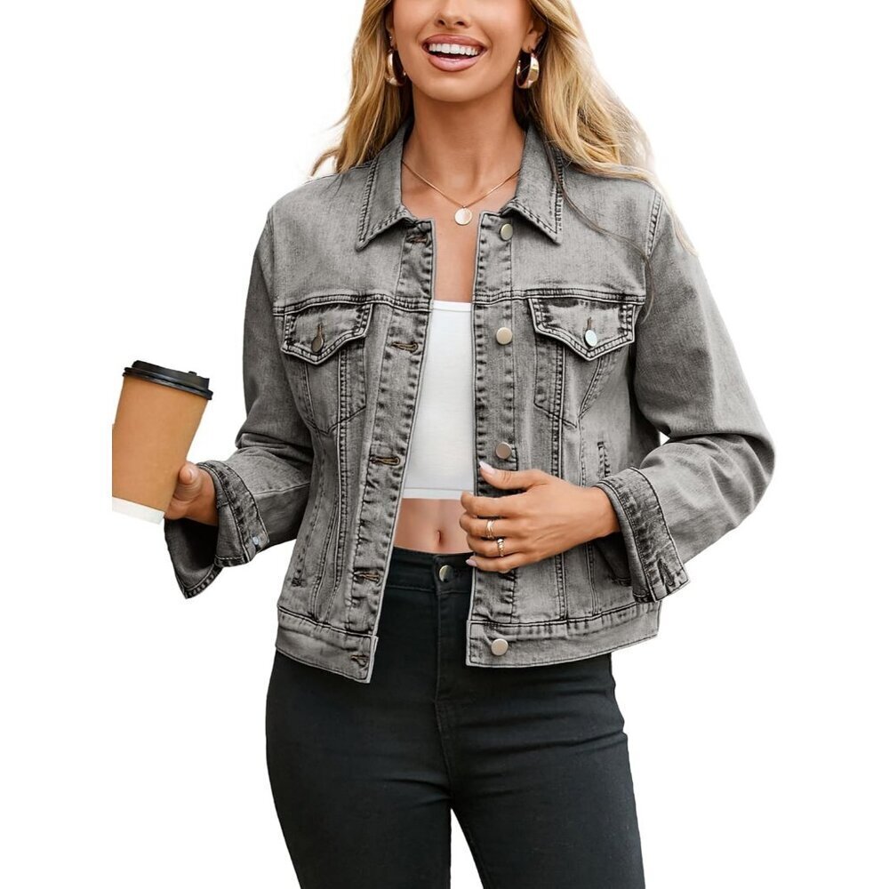 Women's Jean Jacket Long Sleeve Denim Jackets Button Down with Pockets Gray